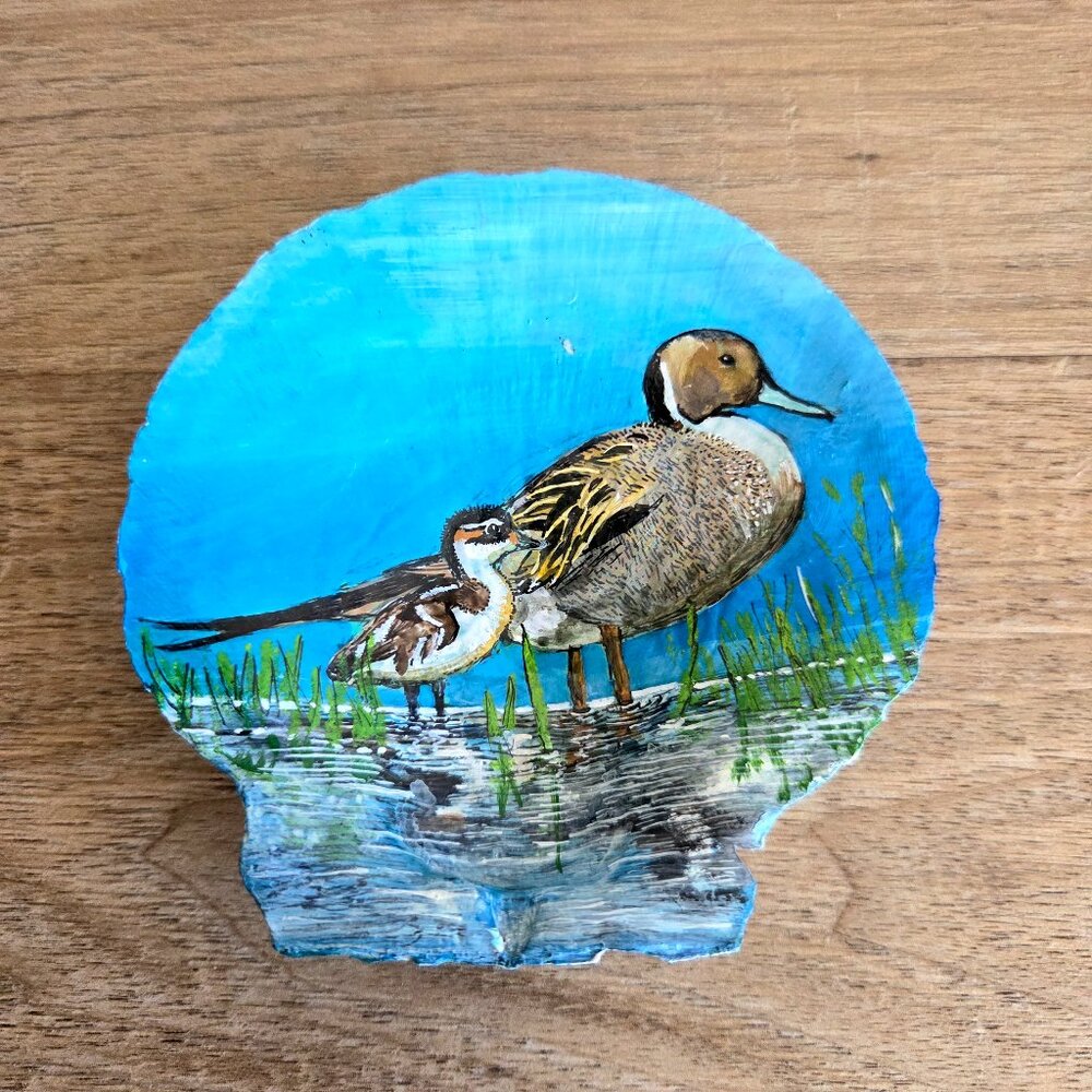 Hand painted ducks on seashell jewelry/trinket dish marked Northern Pintails.